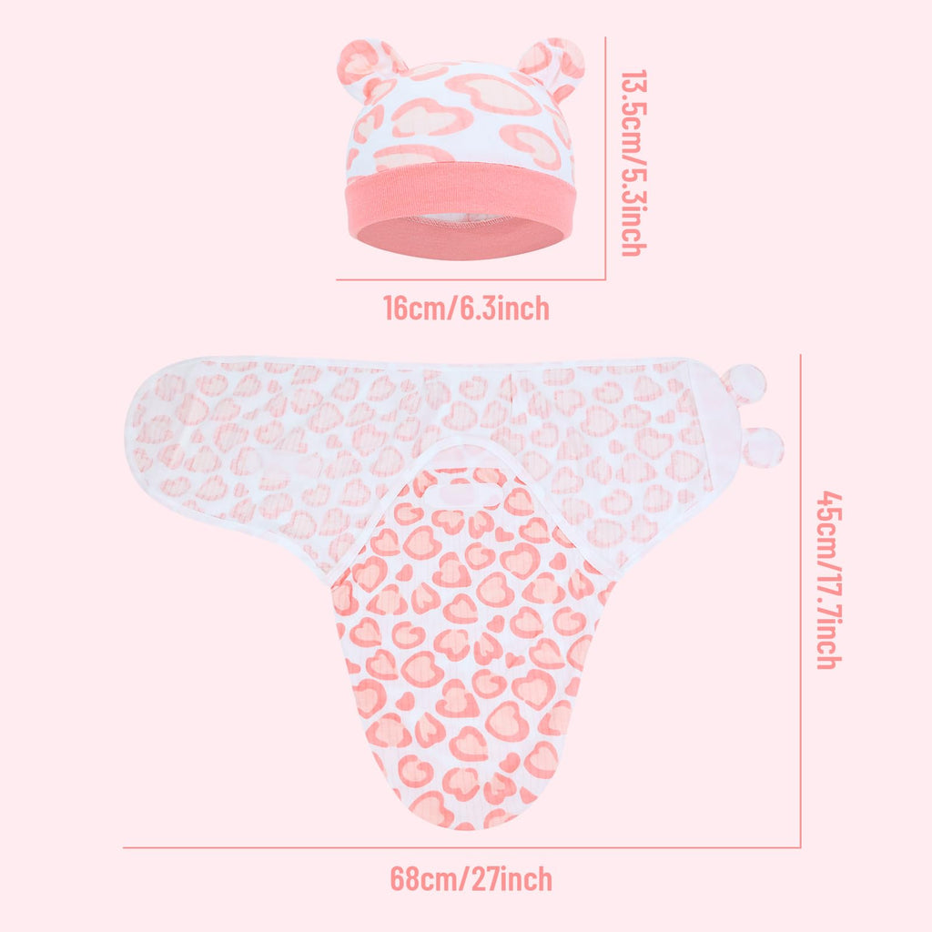 Cinaci 2 Pack Adjustable Soft Cotton Blend Newborn Baby Receiving Swaddle Blankets Sleep Sacks with Nursery Hats Caps Beanies Bonnets for Baby Girls Boys Newborns Infants