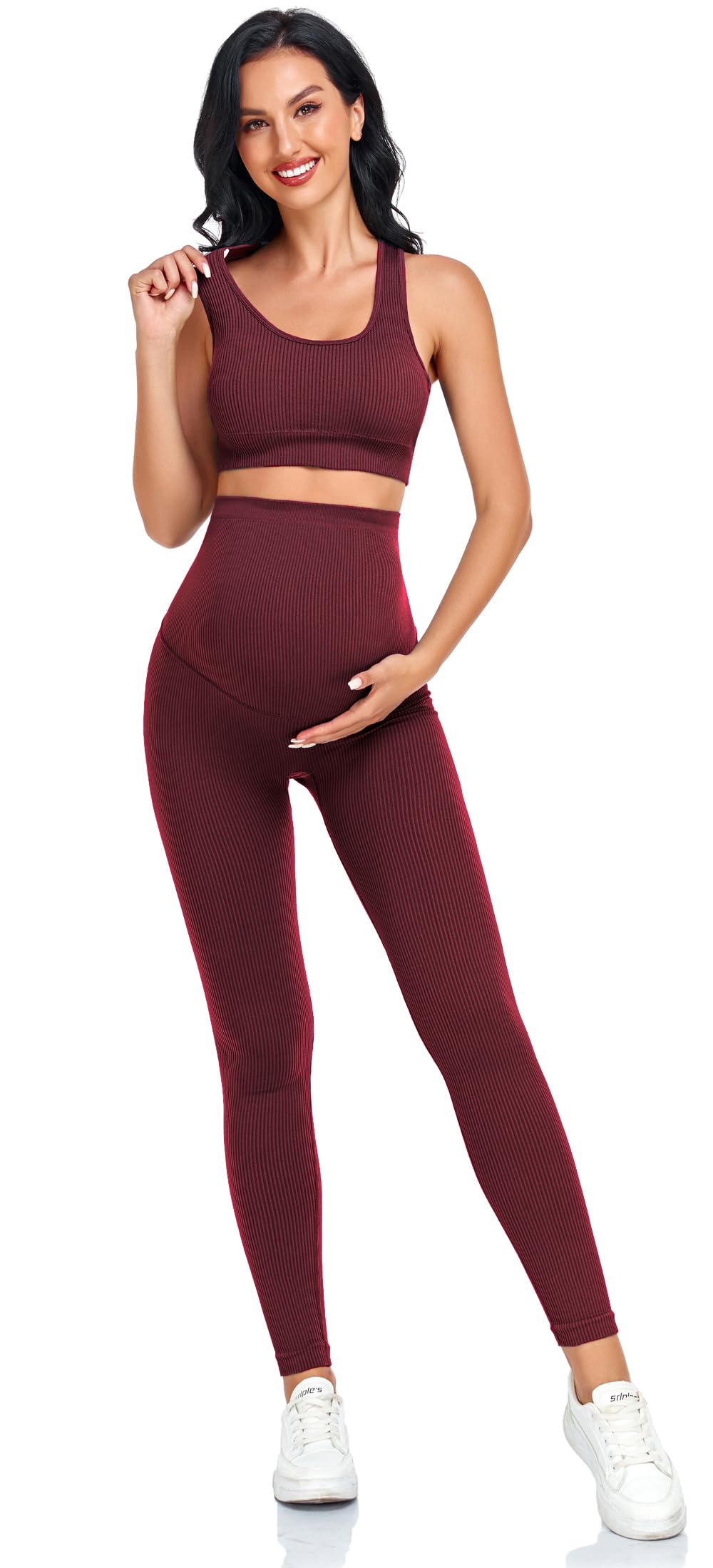 Lataly Maternity Women 2Piece Bra and Pants，Seamless Ribbed Built in Maternity Bra High Waist Elasticity Pregnancy Pant Sets