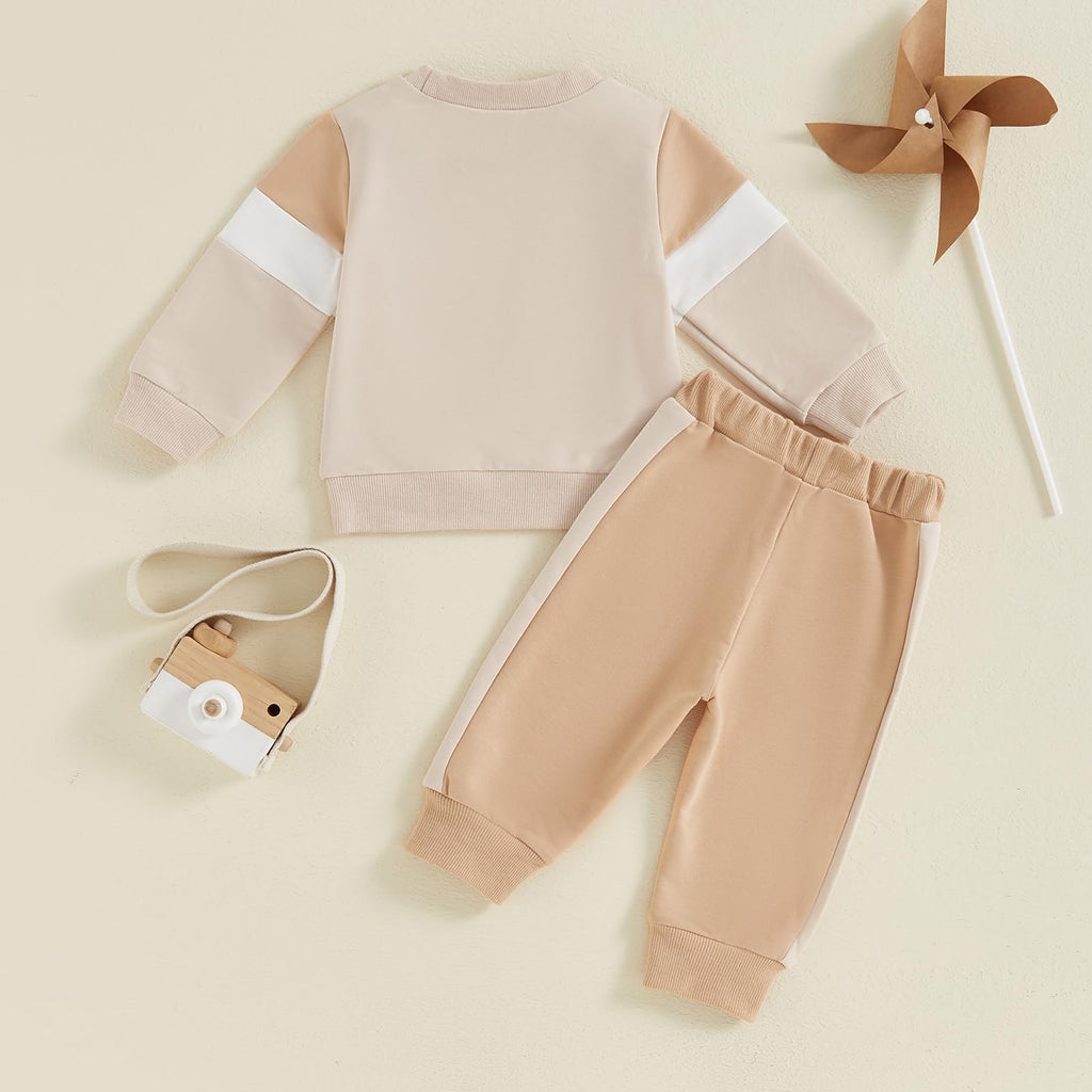 Lucikamy Toddler Baby Boy Fall Outfits Long Sleeve Crew Neck Pullover Sweatshirt + Jogger Pants Set Infant Winter Clothes (B-Khaki Apricot, 6-12 Months)