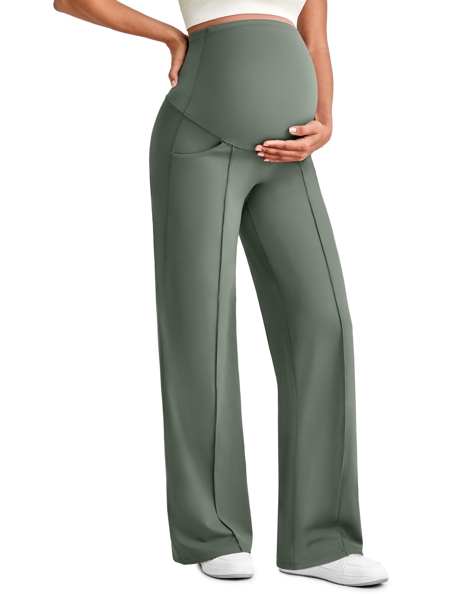 G4Free Maternity Pants Over the Belly with Pockets,Gray Sage,XS,Tall