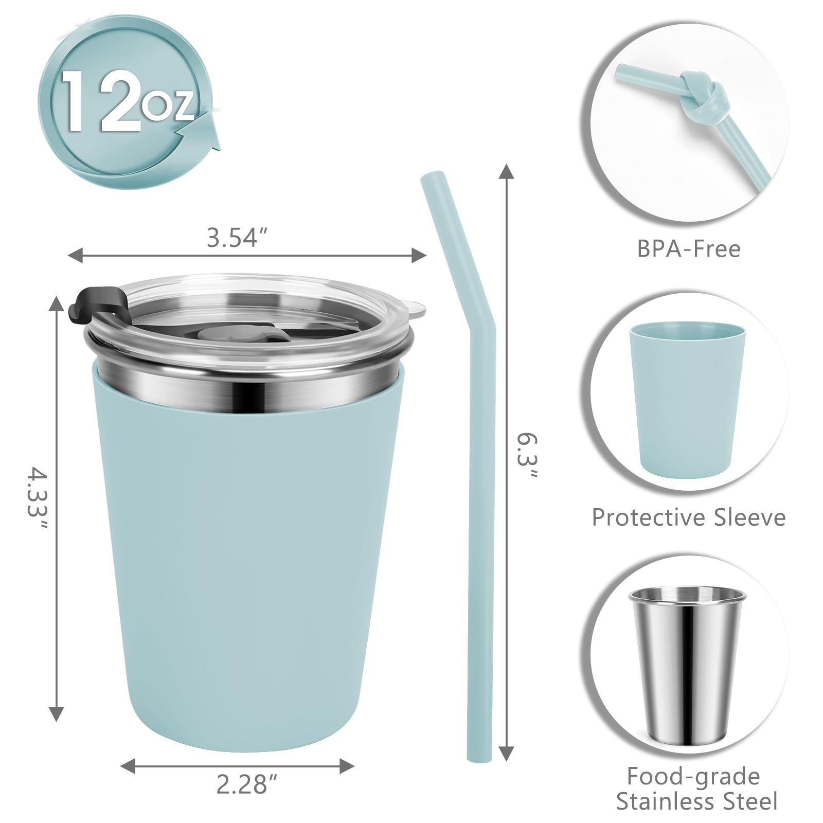 Vermida Kids Cups with Straws and Lids, 5 Pack 12oz Spill Proof Toddlers Straw Cup with Lid, Stainless Steel Kid Cups with Lid for School, Outdoor, Multicolor
