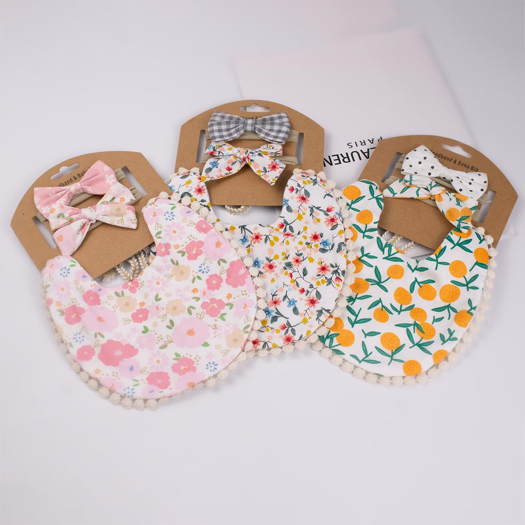 Esumun Baby Girls Reversible Floral Print Bibs Saliva Towel Set, Flounce Edged Burp Cloth and Bow Headband for Newborn Infant Toddlers(SET A)