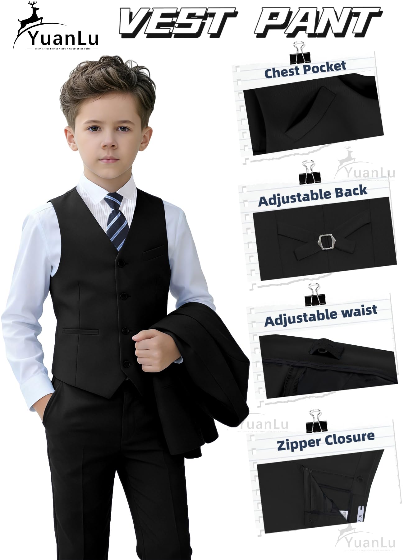 YuanLu Toddler Tuxedo Kids Black Slim Fit Outfit Boys Formal Suit Size 5T