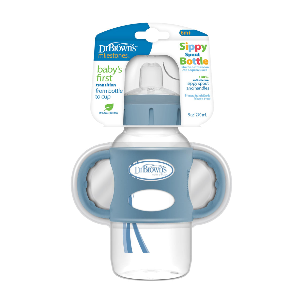 Dr. Brown's Wide-Neck Sippy Spout Bottle with Handles, Blue, 1-Pack