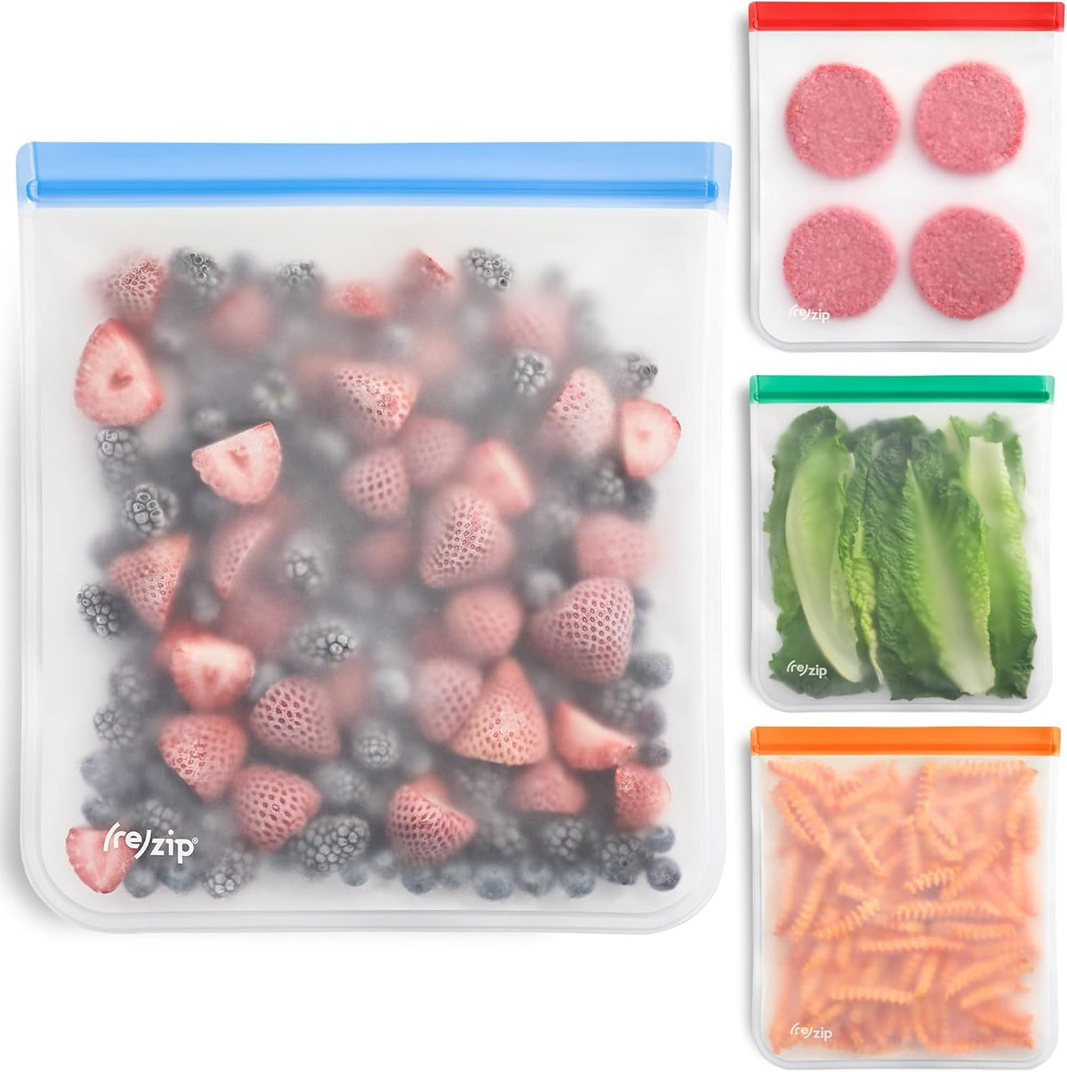 (re)zip Reusable Gallon Freezer Food Storage Bags, Leakproof, 4-Pack, Clear