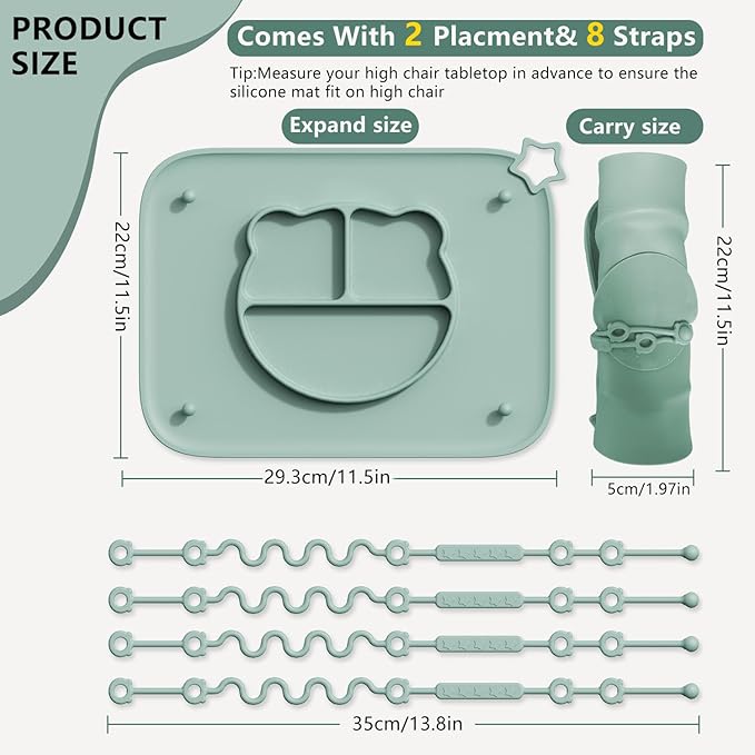 2 Pack Silicone Baby Placemats with Non-Slip Strong Suction Base and Anti-Drop 8 Stretchable Straps, BPA Free Food Grade Silicone Table Mats for Babies Toddlers, High Chair, Dining Tables, Green+Blue
