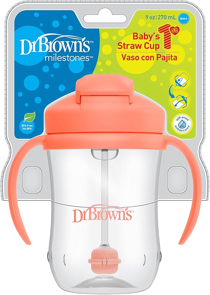 Dr. Brown's Milestones Baby's First Straw Cup, Training Cup with Weighted Straw, 9oz/270mL, Coral, BPA Free, 6m+ (Pack of 12)