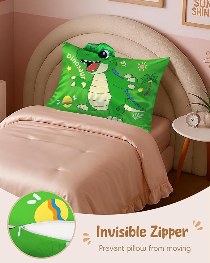 Toddler Pillowcases 13"x18" for Kids - Cute Cartoon Soft Breathable Silk Pillow Cases for Hair and Skin with Hidden Zipper for Girls Fun Kawaii Design for Bedding, Green Dnosaur