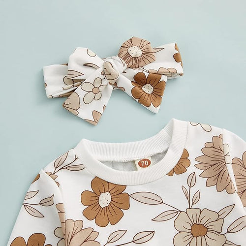 3Pcs Baby Girl Outfits Floral Sweatshirt + Pants + Headband Infant Fall Winter Clothes White 18-24 Months