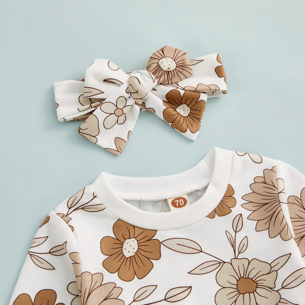 3Pcs Baby Girl Outfits Floral Sweatshirt + Pants + Headband Infant Fall Winter Clothes White 18-24 Months