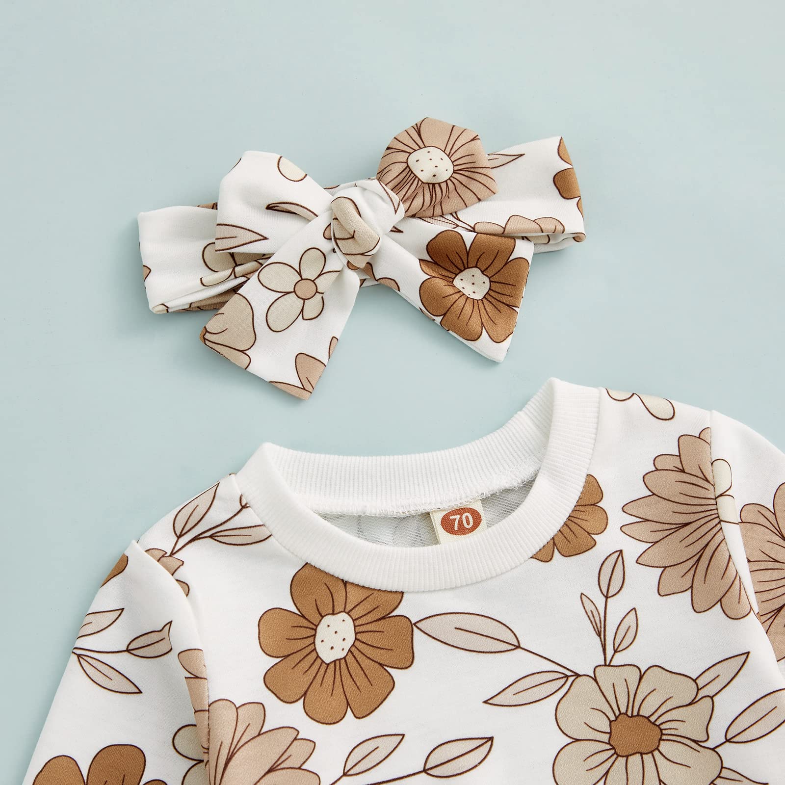 3Pcs Baby Girl Outfits Floral Sweatshirt + Pants + Headband Infant Fall Winter Clothes White 18-24 Months