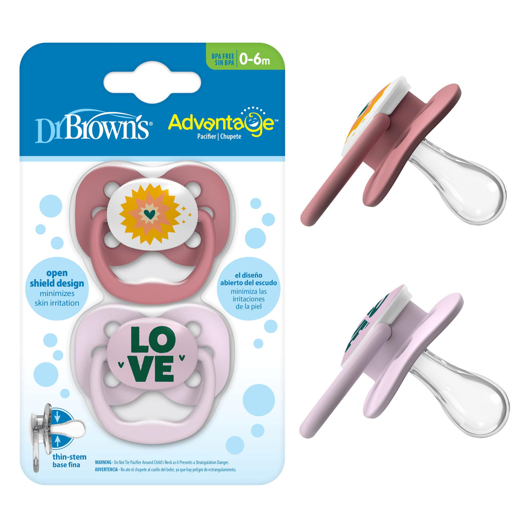 Dr. Brown's Advantage Baby Pacifier, Fully Symmetrical Soother with Soft Silicone Bulb, Lavender Love, 0-6m, BPA Free, 2 Pack
