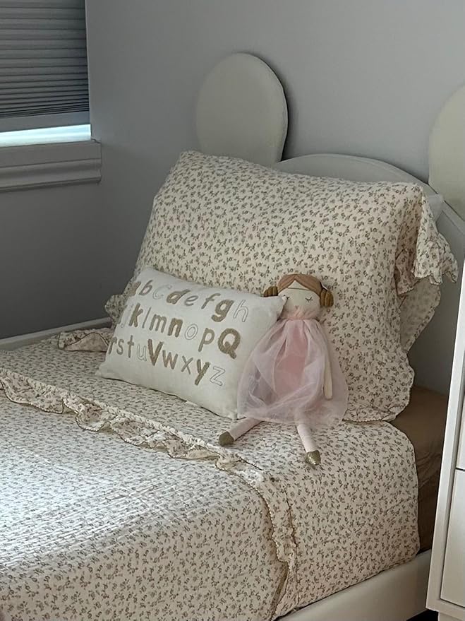 BuLuTu Camellia Floral Print Pillowcase King Muslin Cotton Pillow Case Chic Shabby Pillow Cover with Ruffles Enveloped Pillowcases, Machine Washable, 20x36 inch, 1 Piece