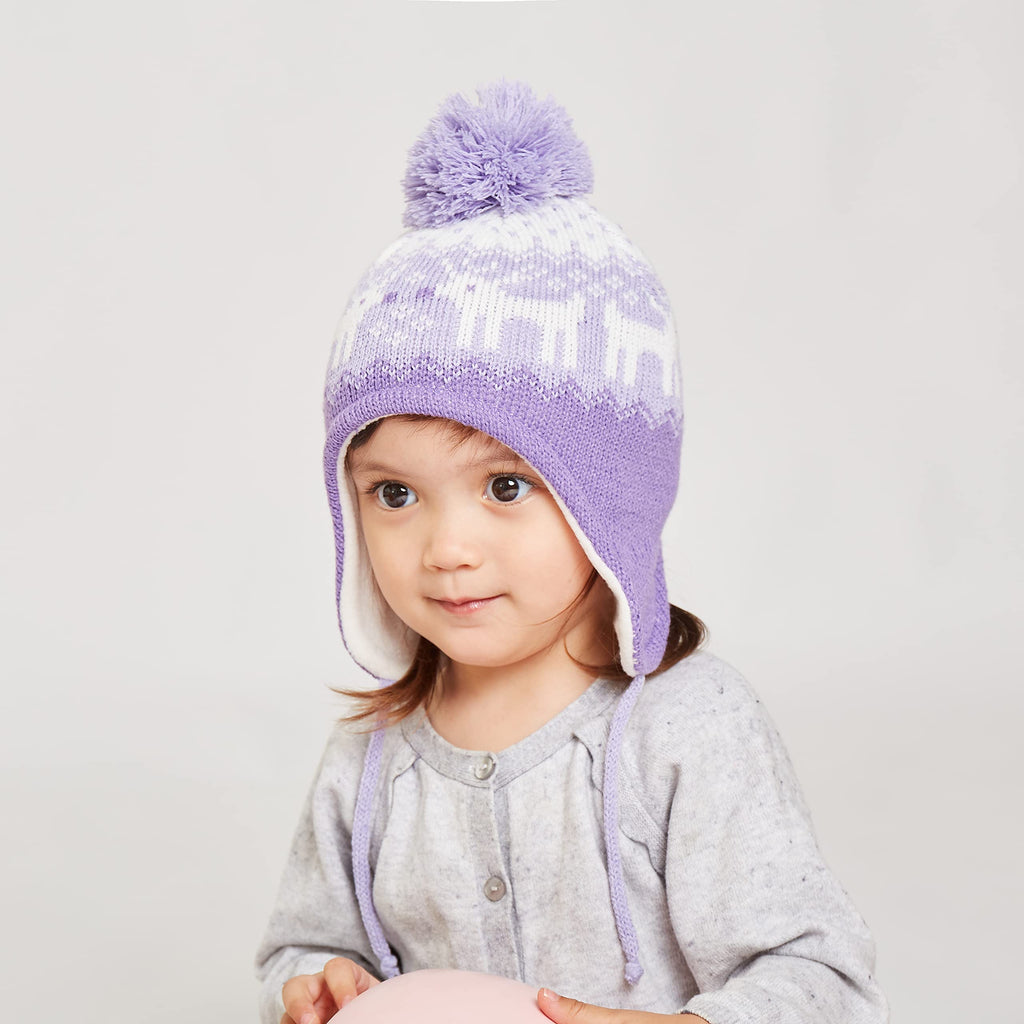 LANGZHEN Deer Hat for Girls Infant Pom Pom Beanie Kid Winter Hats Toddler Cap Knit Warm Beanies Caps for Baby Boys Girls(Deer-Purple,M(48-50CM/18.9"-19.69"))