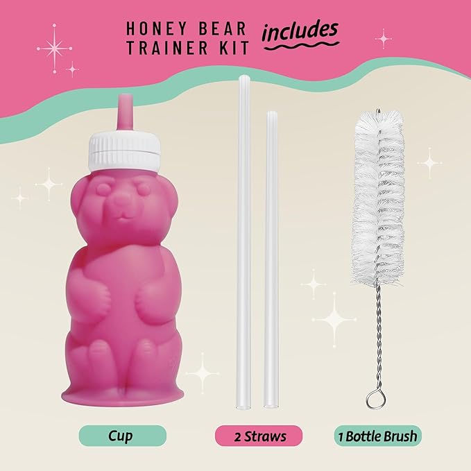 Legendairy Milk Honey Bear Straw Cup Silicone for Babies (Pink), 8 oz. Dishwasher Safe Baby Straw Cup, Food Grade Silicone, Honeybear Sippy Cup for Ages 4+ Months (Pack of 2)