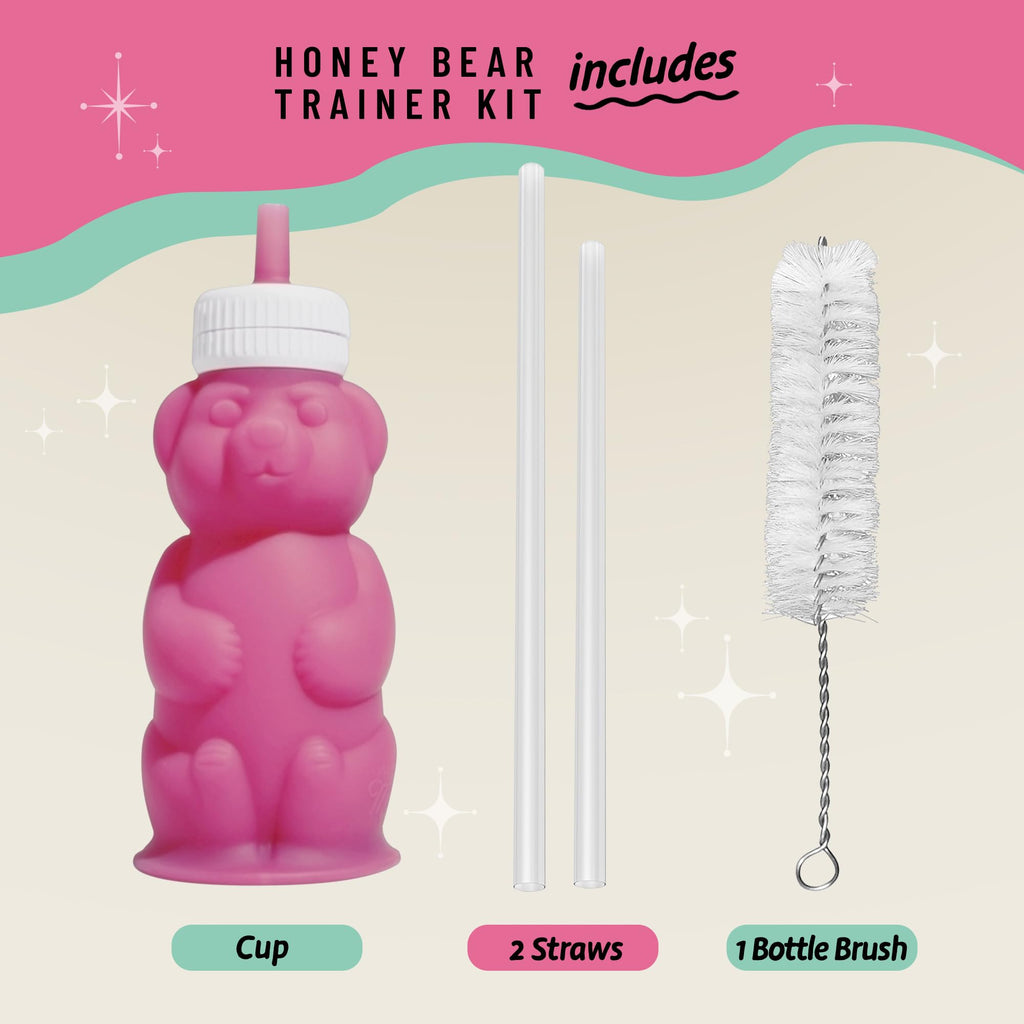 Legendairy Milk Honey Bear Straw Cup Silicone for Babies (Green/Raspberry), 8 oz. Dishwasher Safe Baby Straw Cup, Food Grade Silicone, Honeybear Sippy Cup for Ages 4+ Months (Pack of 2)