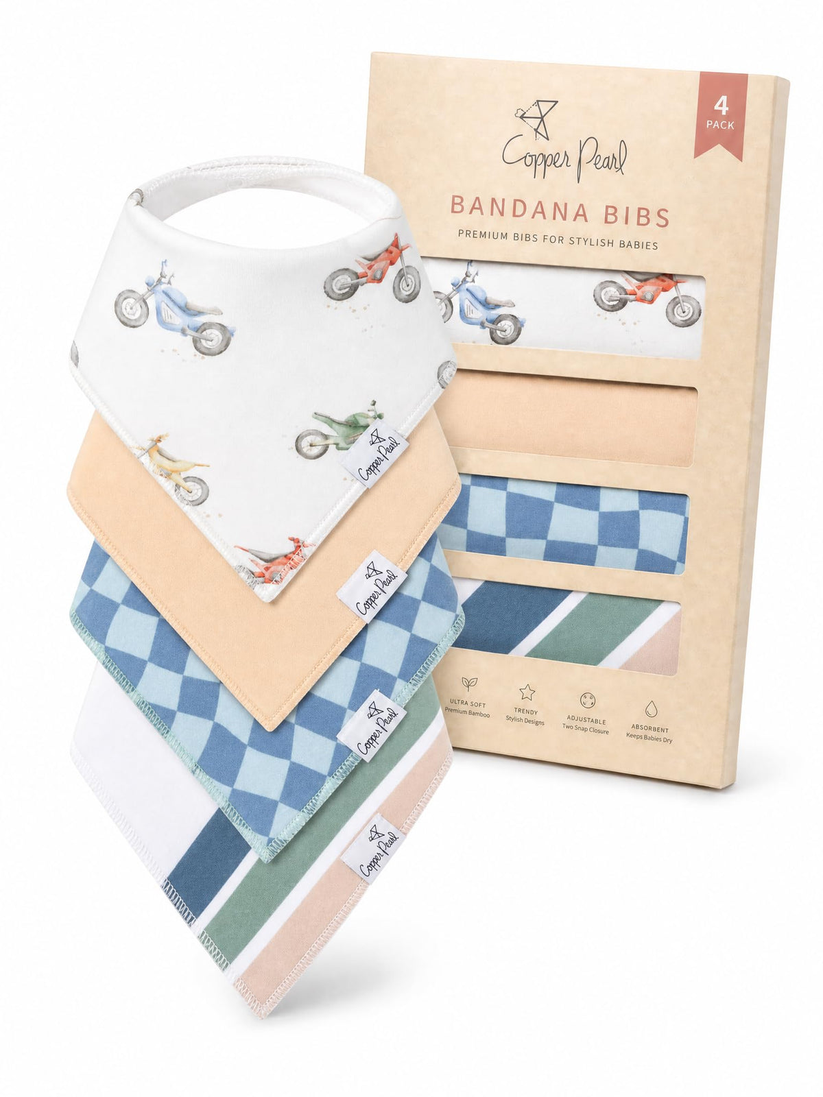 Copper Pearl Baby Bibs for Baby Boy or Girl – Bandana Drool Bibs for Teething, Absorbent Bibs for Eating, Newborn to Toddler, 4 Pack, Black Basics