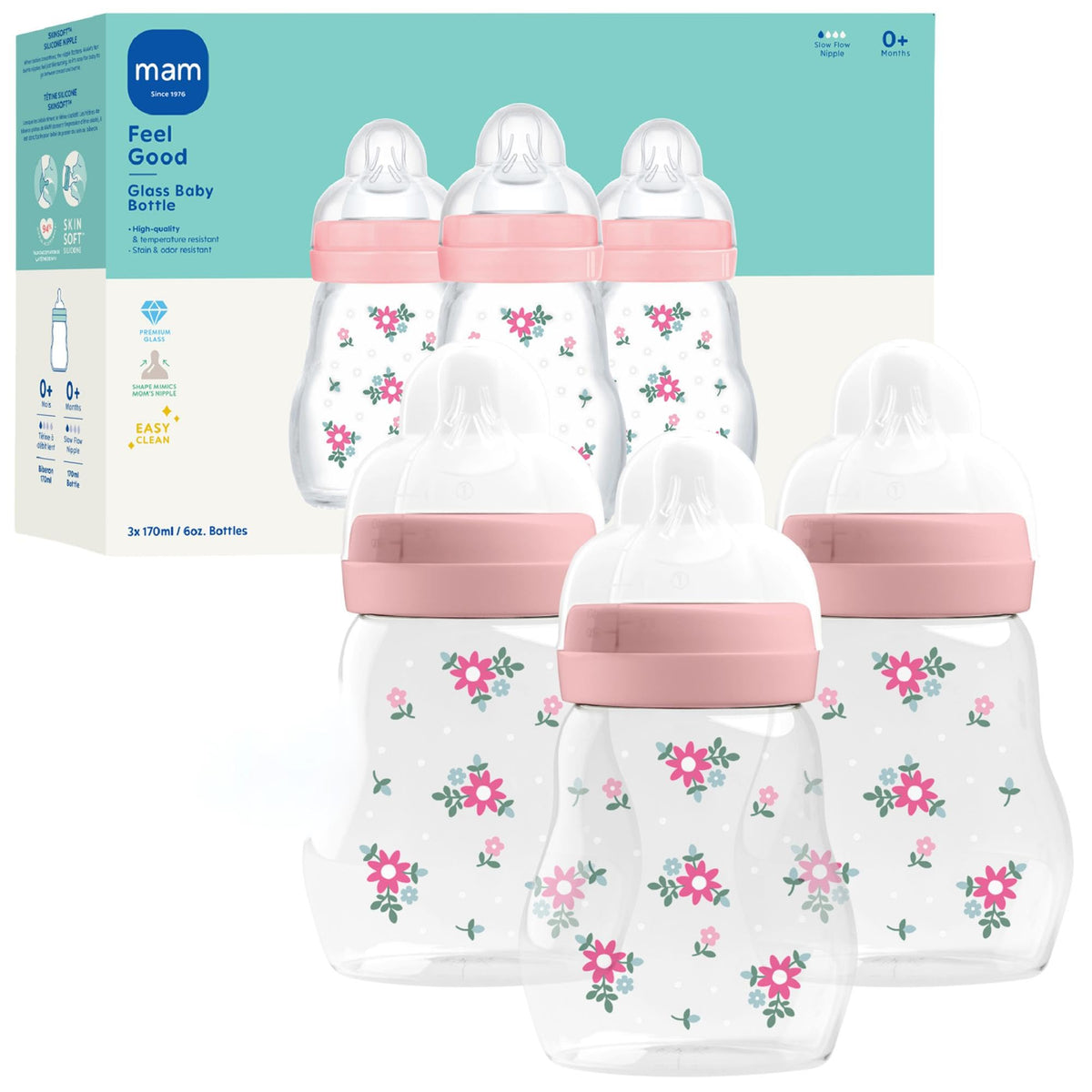MAM 6oz Pure Glass Feel Good Anti-Colic 0+ Months Baby Bottle, 3 Pack, Girl