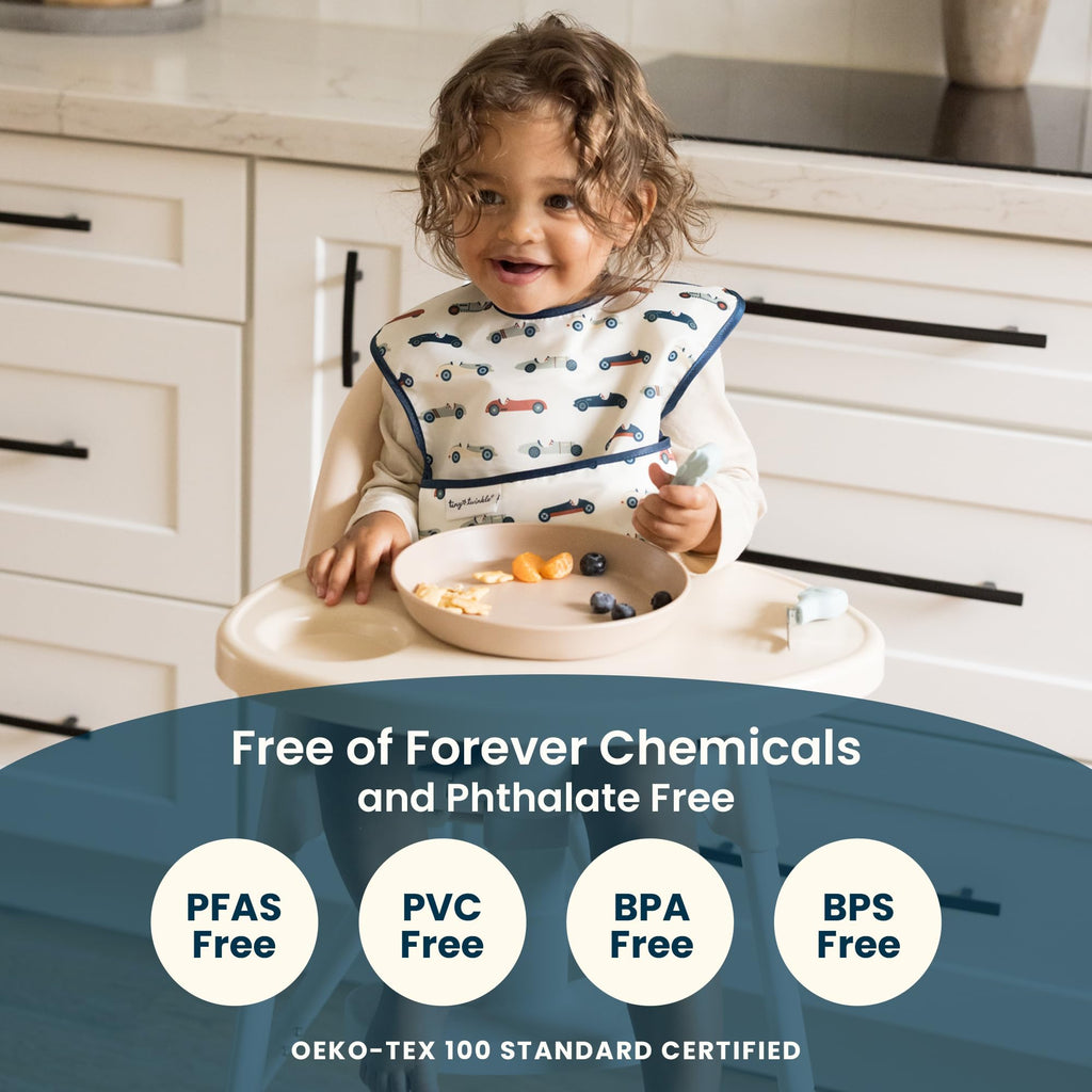 Tiny Twinkle Mess-Proof Baby Bibs for Eating | Waterproof, Wipeable Toddler Bibs with Catch-All Pocket | Feeding Bibs for Girls & Boys(3 Pack,Blush, Burgundy)