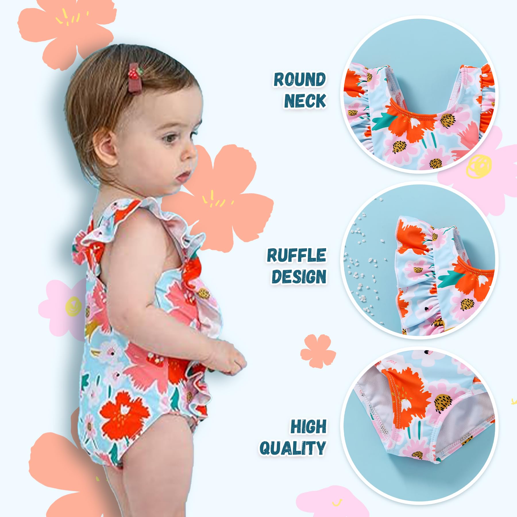 Newborn Baby Girl Ruffle Swimsuit Infant Toddler One Piece Floral Bikini Beach Bathing Swimwear Set (3-4T, Orange)