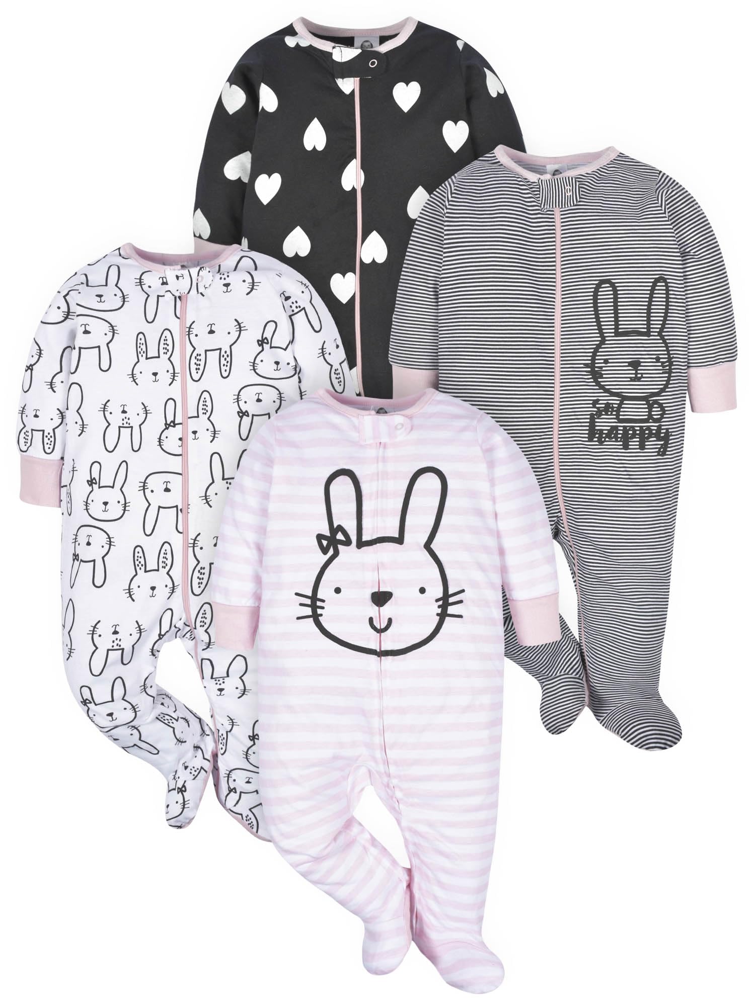 Gerber Baby Girls 4 Pack Sleep 'N Play Footie Bunny Smiley Newborn