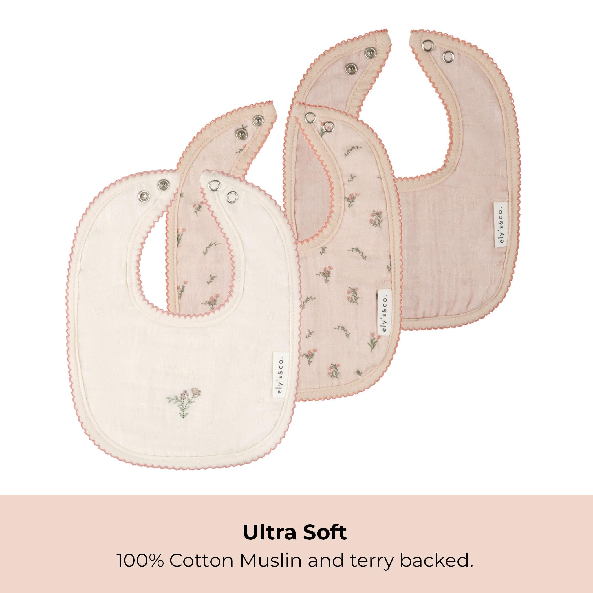 Ely's & Co. 100% Cotton Muslin Bib with Terry lining Soft & Absorbent for Infants, Adjustable Snaps 3 Pack 0-6 Months (0-6 Months, Gingko Pink and Ivory) For Baby Girl