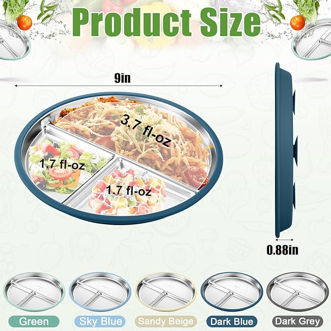 BUSOHA 2 Pack Stainless Steel Kids Plate with Suction - 9” Divided Toddler Baby Plates with Silicone Sleeves 2-in-1 Anti Breakage Metal Toddler Bowls Microwave Dishwasher Safe