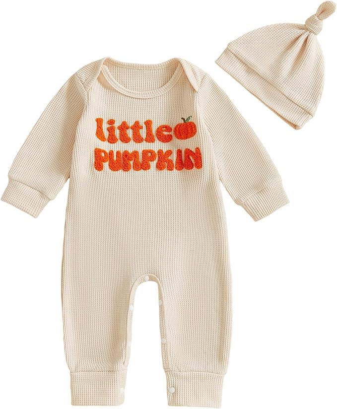 Newborn Infant Baby Boy Halloween Outfit Little Pumpkin Embroidery Romper Waffle Knit Long Sleeve Jumpsuit with Hat