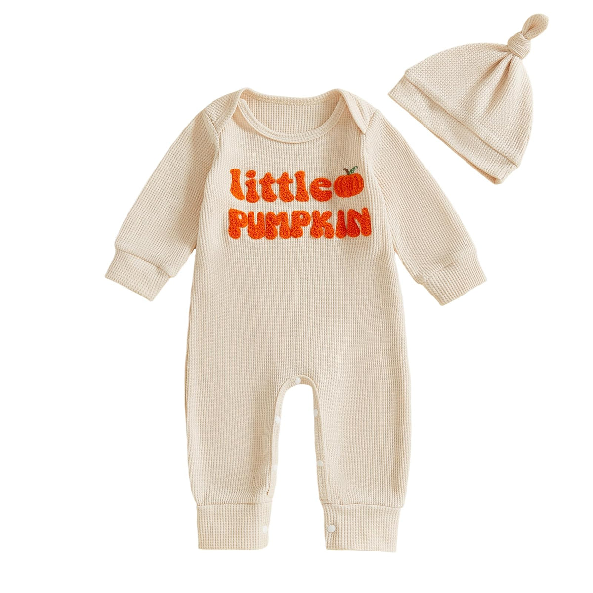 Doqcey Newborn Infant Baby Boy Halloween Outfit Little Pumpkin Embroidery Romper Waffle Knit Long Sleeve Jumpsuit with Hat (Apricot mama's pumpkin, 6-12 Months)