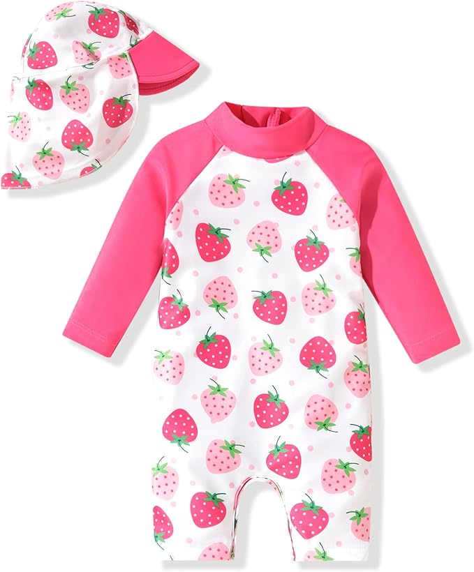 Aalizzwell 12-18 Months Baby Girls One Piece Long Sleeve Swimsuit Strawberry Bathing Suit Fruit Swimwear Beach Wear