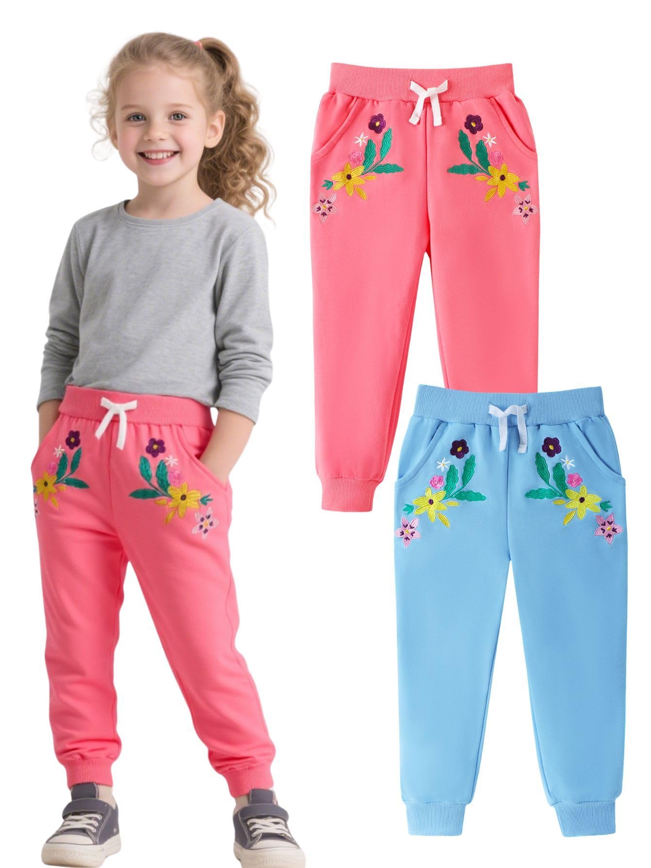 HILEELANG Toddler Girls Cotton Joggers Sweatpants Floral Embroidery Drawstring Waist and Pockets-Pink Blue Casual Athletic Pants for Kids 2Y