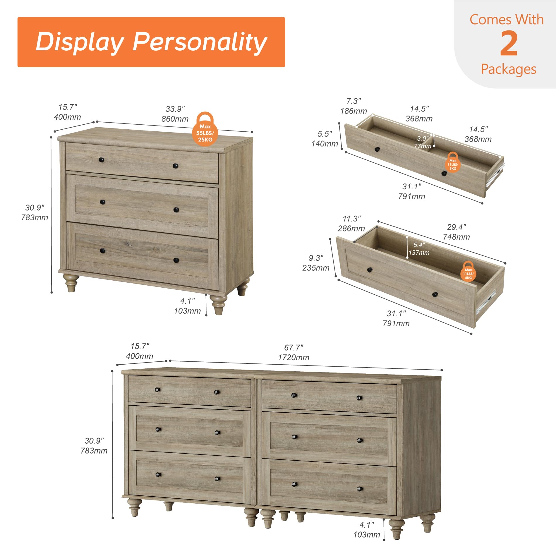 WAMPAT Kids Dresser for Bedroom with 6 Drawers, Rustic Oak Baby Dressers with Wide Chest of Drawers, Modern Wooden Closet Storage Organizer, Large Wood Dressers for Living Room, Nursery, Hallway
