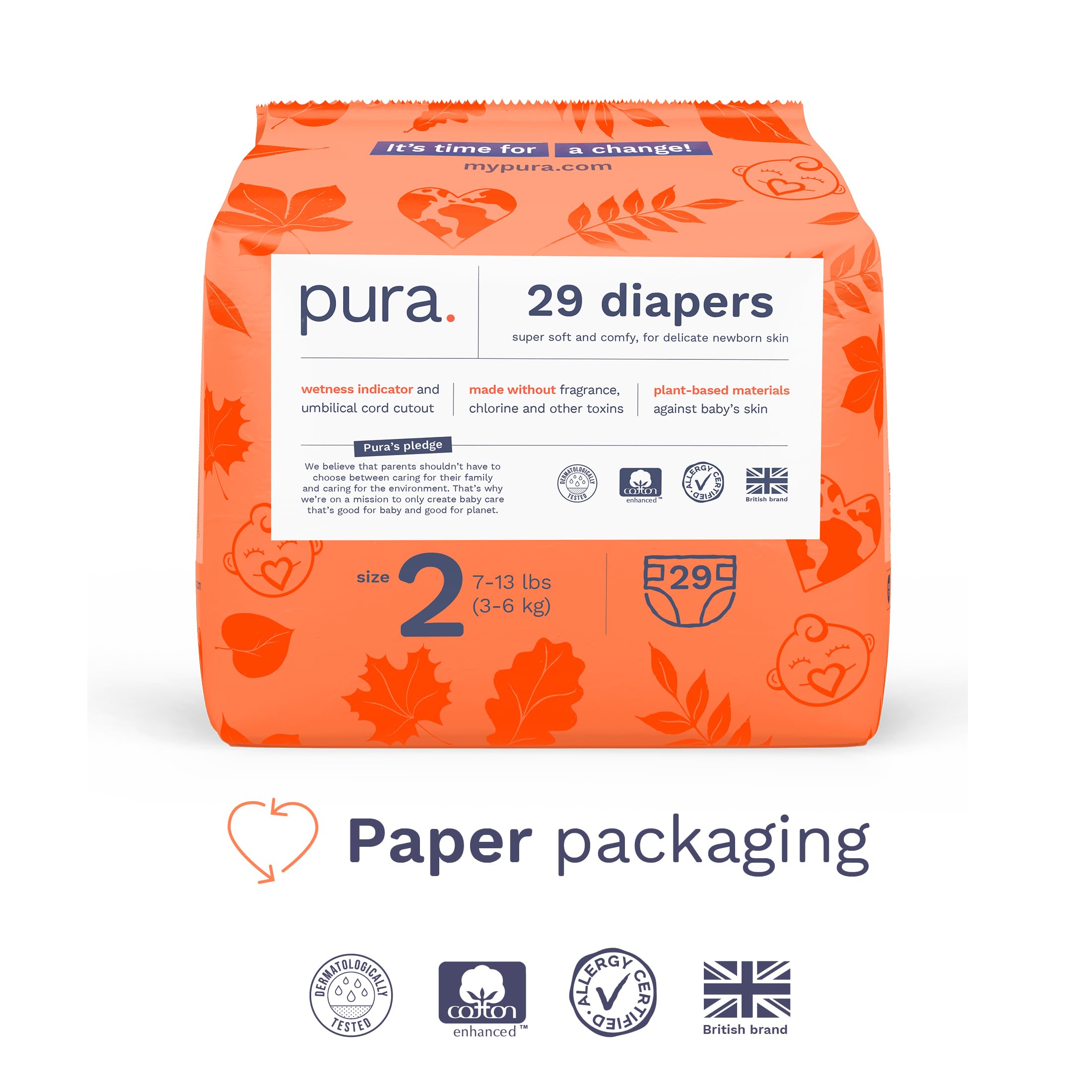 Pura Hypoallergenic Diapers, Size 2 (7-13 lbs) Totally Chlorine Free, Wetness Indicator, Suitable for Sensitive Skin, Soft Organic Cotton, Overnight, 3 Packs of 29 (87 Baby Diapers)
