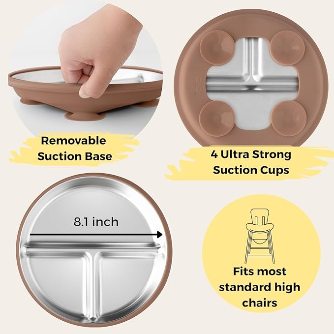 Stainless Steel Toddler Plate with Suction Set of 2, 8” Divided Plates with Removable Silicone Sleeves for Kids, Non Toxic & BPA Free | Non Slip | Unbreakable Baby Dishes, (Mocha Mousse & Sage Green)