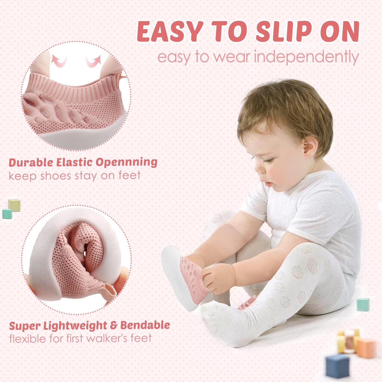Baby Boy Girl Walking Shoes Infant Toddler Slip-on Sneaker Elastic Breathable Mesh Tennis Shoes Non-Slip Rubber Sole First Walkers Trainers Outdoor (14.5-Pink-6)