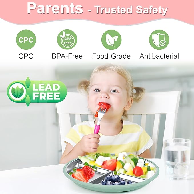 Bella's Friends Stainless Steel Toddler Plates Silicone Suction,3 Packs Non-Slip Baby Plates,Divided Portion,Food-Grade Silicone Plate for Kids,LEAD-FREE Dishwasher Safe, Gray White Green