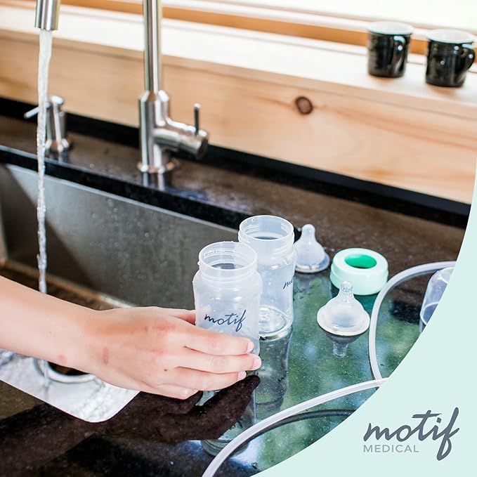 Motif Medical Breast Milk Storage Bottles for Luna Breast Pump - Durable Plastic Breastfeeding Essentials w/Locking Rings, Lids & Nipple Caps - Breast Milk Container (Set of 2, 160 ml)