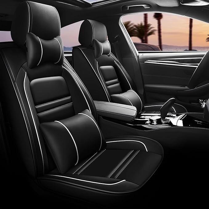 PACKMACH Car Seat Covers for Ford Transit 2014-2024 | 5-Seats Seat Covers, Waterproof Seat Protectors, Automotive Seat Covers (Full Set with Pillow,Black&White Line)