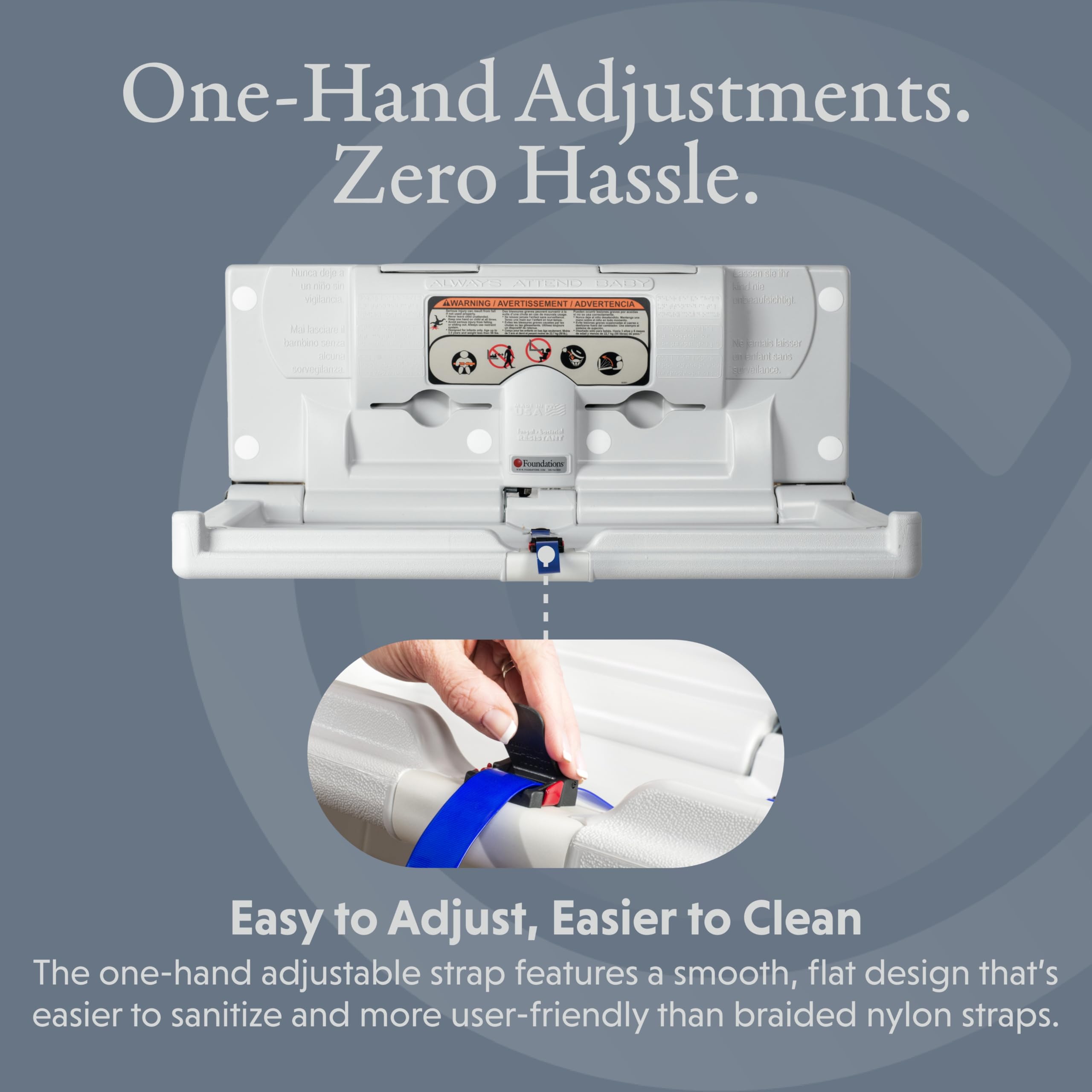 Foundations Classic Horizontal Baby Changing Station w/EZ Mount Backer Plate, Wall Mounted, One Handed Adjustable Safety Strap & Liner Dispenser, Gray (100-EH-BP)