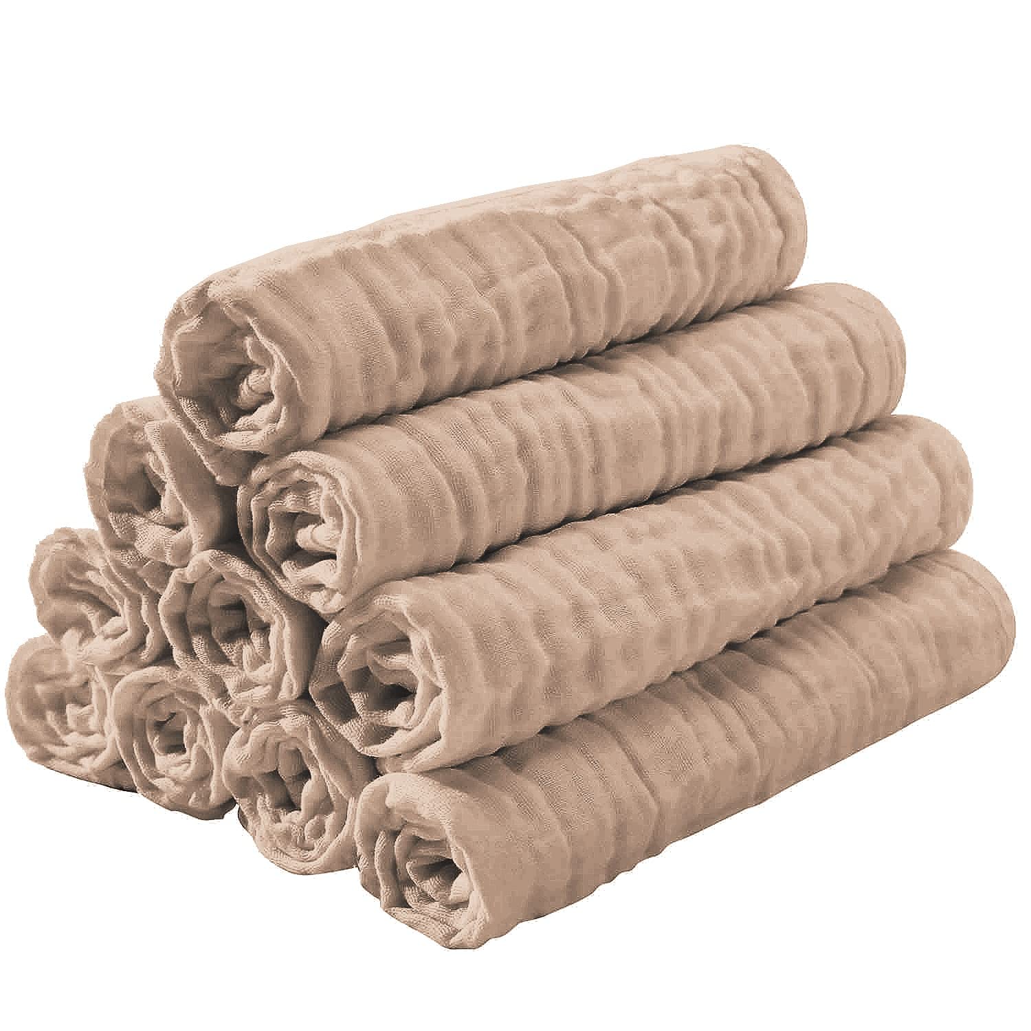 Yoofoss Muslin Burp Cloths for Baby 10 Pack 100% Organic Cotton Baby Washcloths for Boys Girls Large 20''X10'' Super Soft and Absorbent Brown