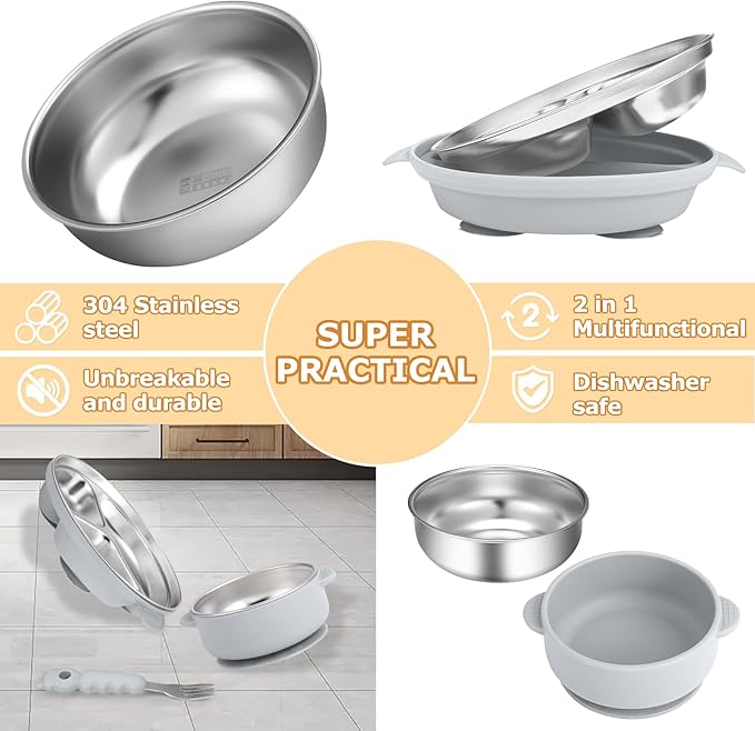 Stainless Steel Baby Plates with Suction, Toddler Plates with Removable Silicone Shell for Kids, Non-Slip Toddler Baby Feeding Set, Forks + Spoons Included-Gray