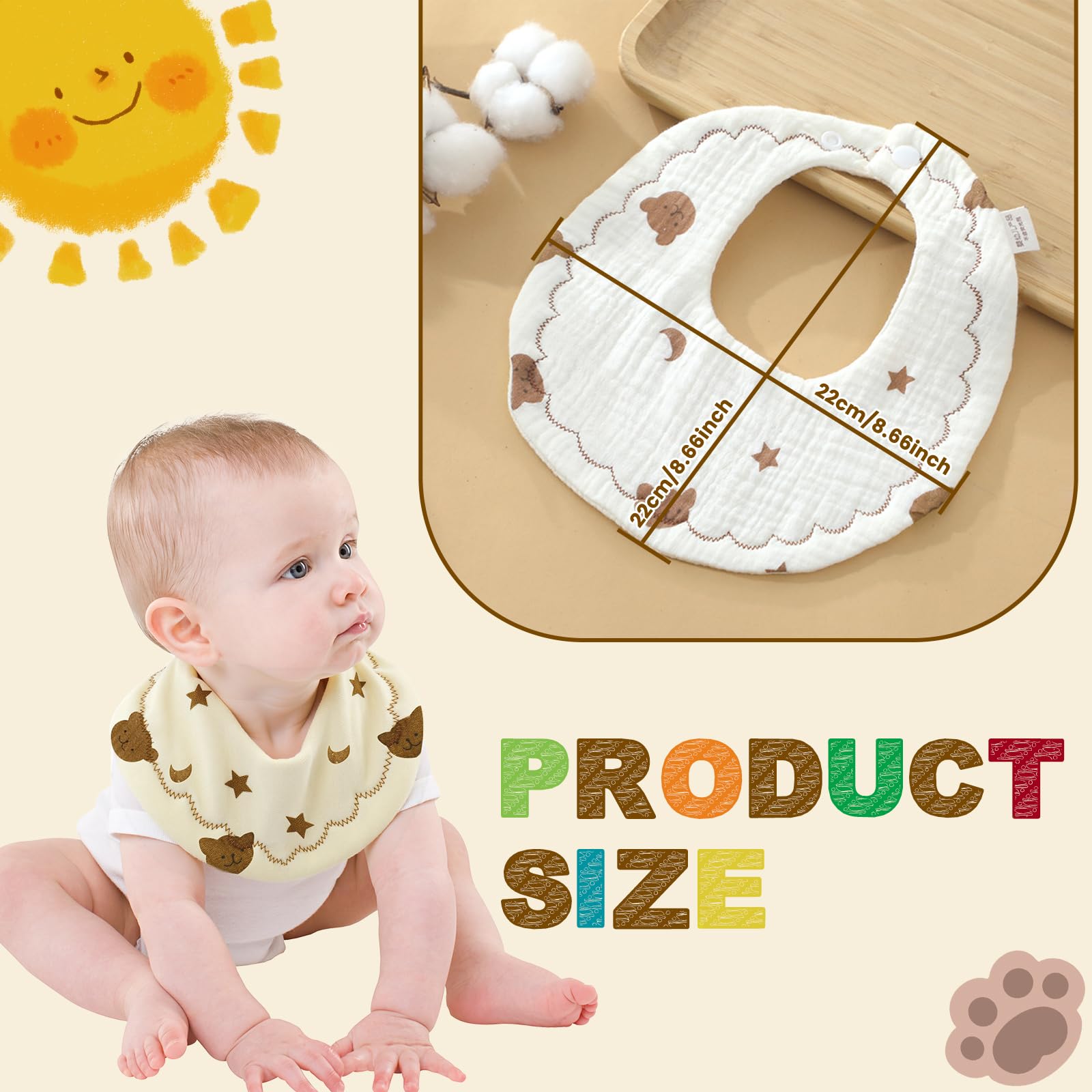 EllieHouse Baby Bibs for Girls Boys 8 Pack Muslin Drool Teeth Drooling Teething Bibs Muslin Cotton for Toddler Infant Essentials(Camel)