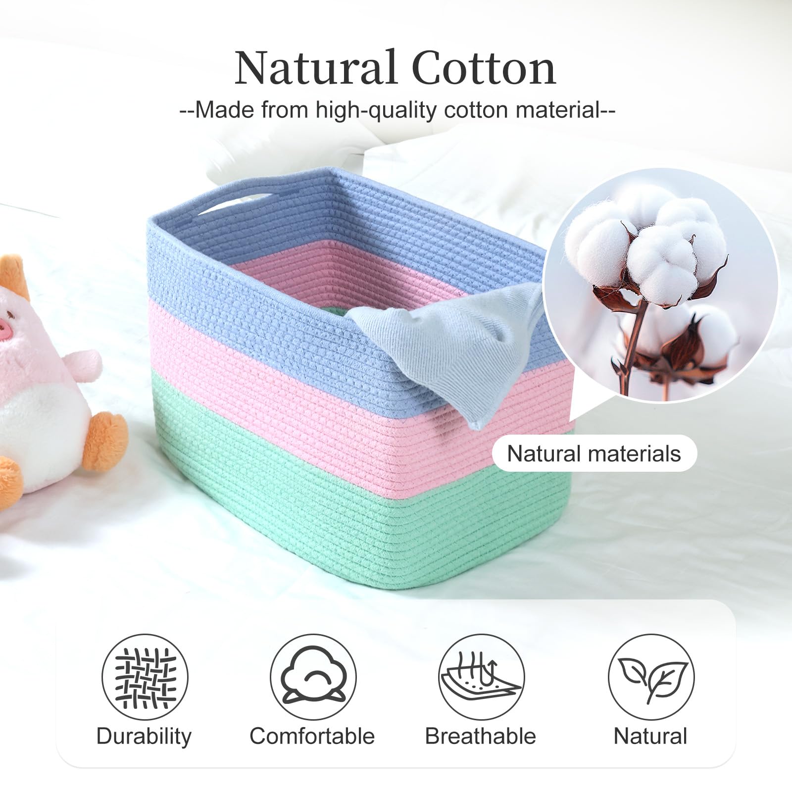 Hopegiver 1 Pack Rainbow Woven Storage Baskets for Shelves, 15x11x10 Inch Cotton Rope Decorative Organizer Bins for Blanket Clothes Book Baby Pet, Colorful Toy Basket for Playroom, Kids Room, Nursery