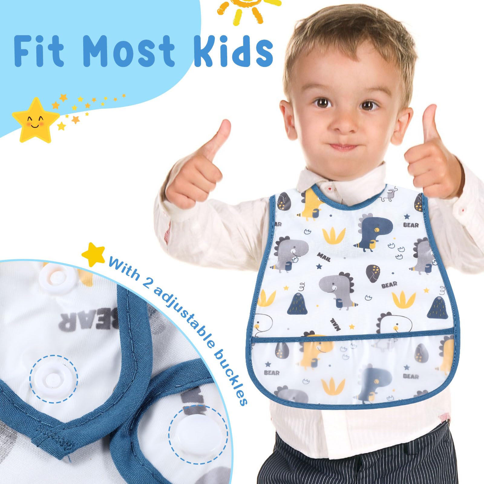 Jeyiour 12 Pcs Baby Waterproof Bibs with Food Catcher Adjustable Snaps Plastic Feeding Bibs for Toddlers, 6 to 36 Months