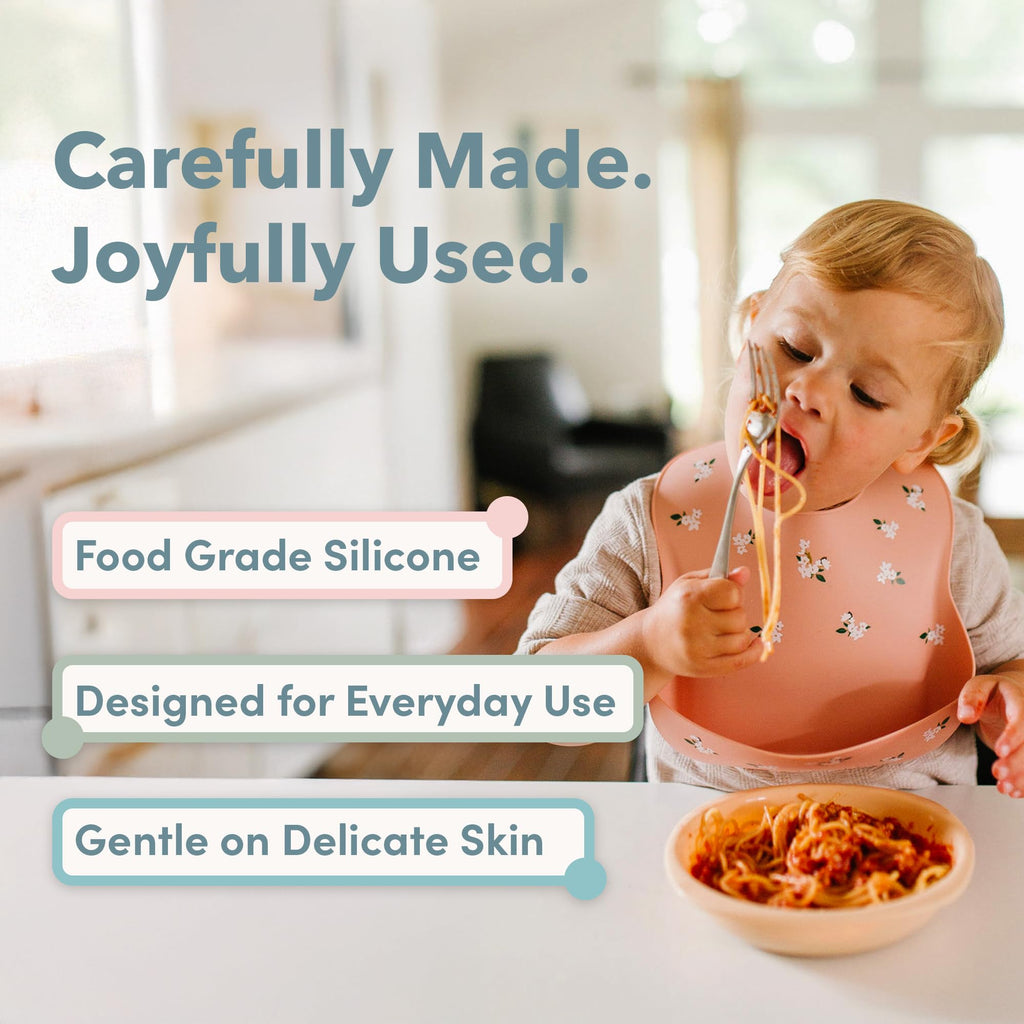 Loulou Lollipop Waterproof Silicone Feeding Bib for Babies & Toddlers, Catch-All Pouch, Easy Clean, 3–36 Months – White Flower