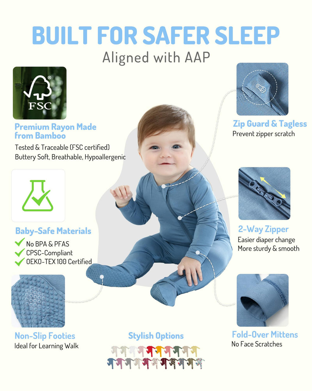 HAPIU Rayon from Bamboo Baby Footed Pajamas, 2 Way Premium Zipper, Footie for Baby Boy Girls, Newborn-24 Months, 3-Pack,Moonlight Blue & Moonlight Blue & Moonlight Blue,12-18 Months