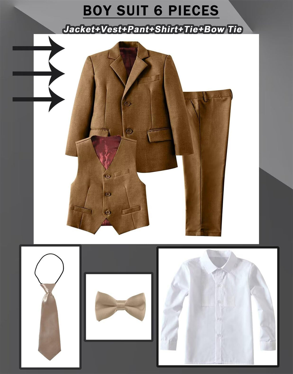 Boys Suit 6 Piece Formal Tuexdo Suit Set Boy Dress Outfit Dark Khaki 3