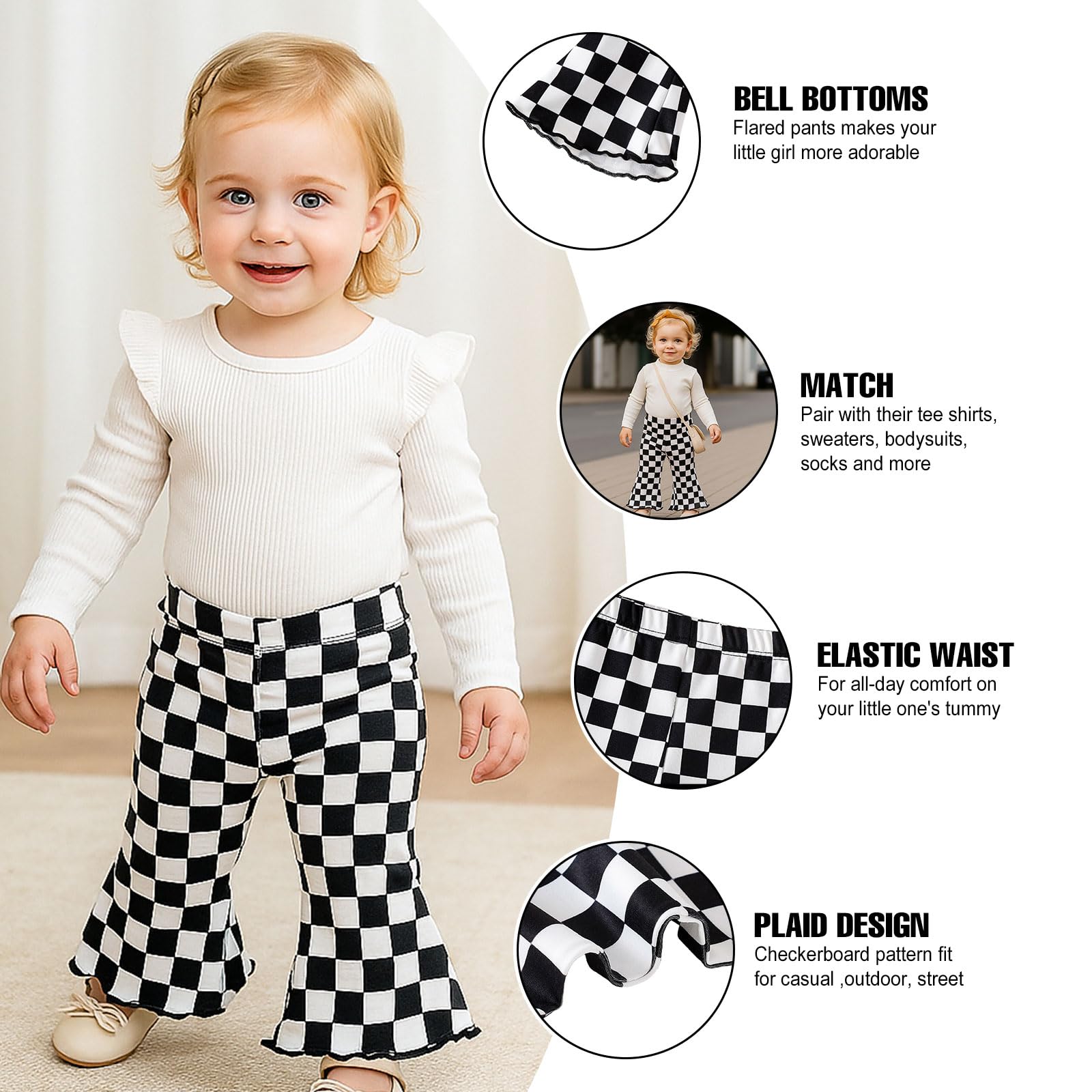 SOBOWO Checkered Baby Girl Flare Pants 3 Pack Toddler Bell Bottoms Plaid Ruffle Leggings Pants Fall Winter Outfits Size 6M-4T(6-9 Months, Black&White Plaid/Red/Red&White Plaid)