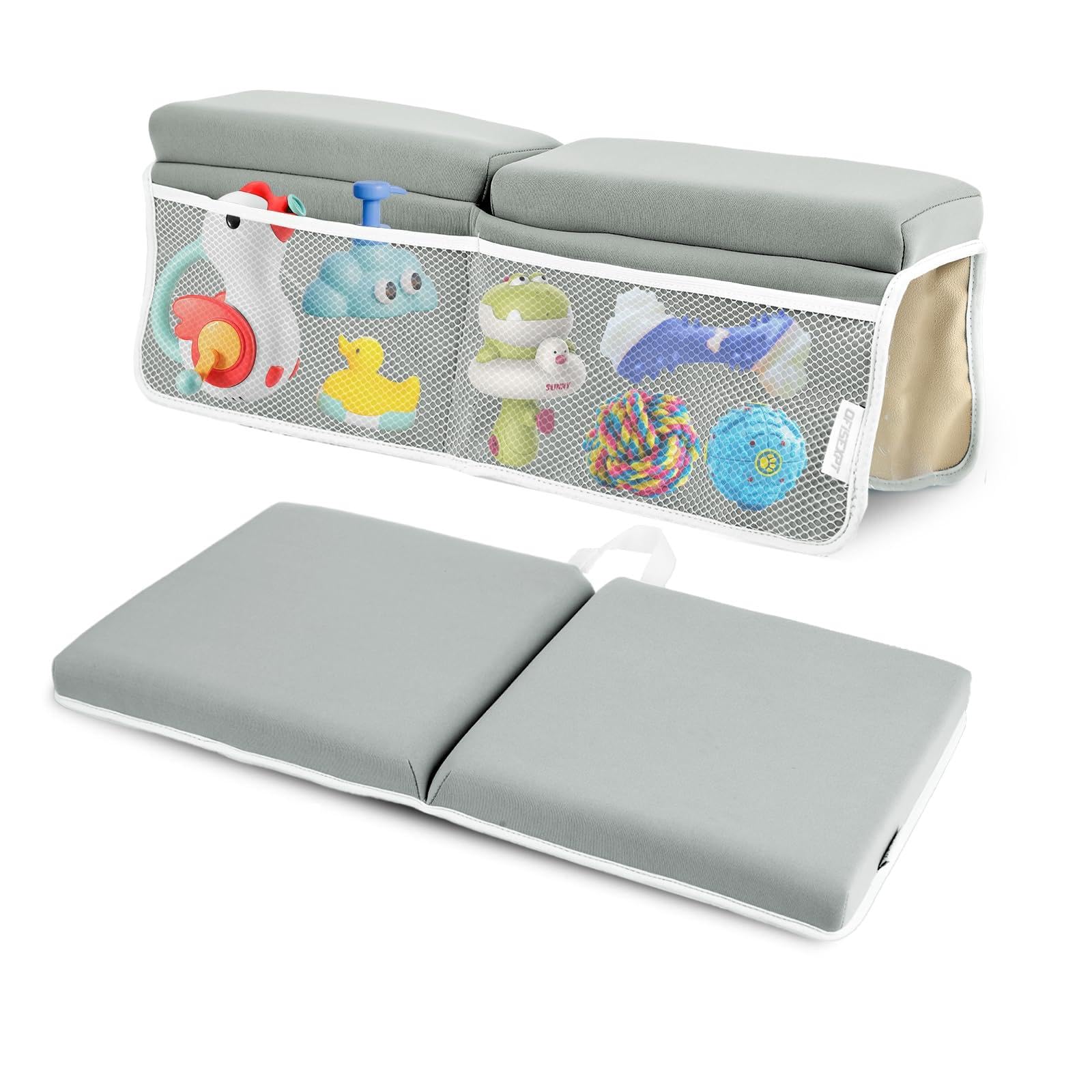 OFiSEXPT Bath Kneeler and Elbow Rest Pad, Thick Quick Dry Kneeling Pad, Elbow Support, Large Bathtub Kneeling Mat with Toy Organizer for Baby Bathing (Grey)