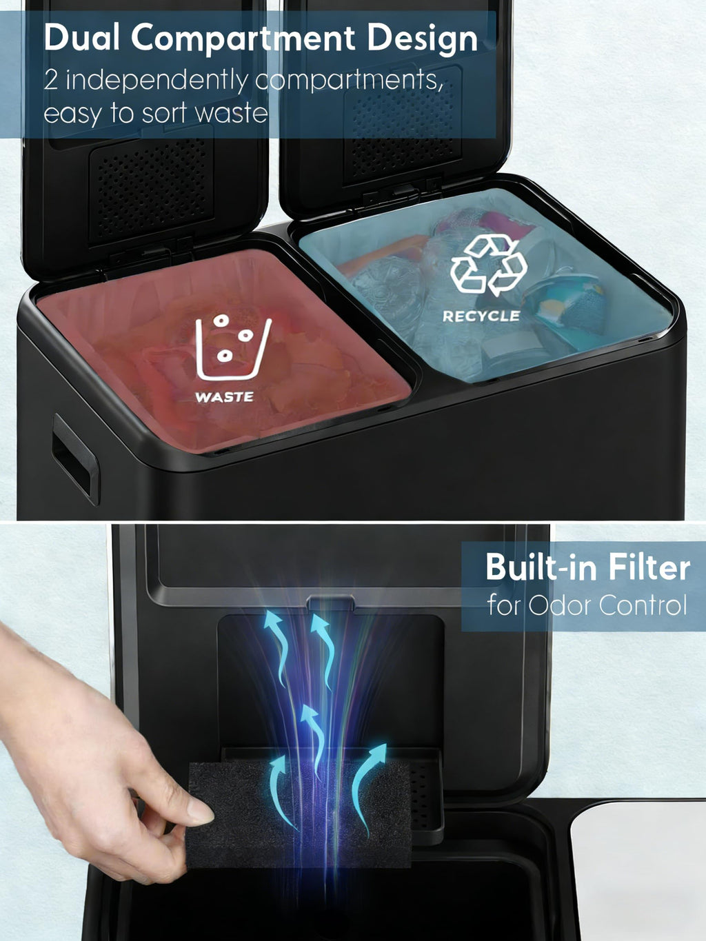 Arlopu 16Gal Dual Trash Can w/2 Built-in Box for Odor Control